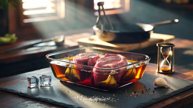 Illustration of raw steaks soaking in a tannin-rich tea marinade with teabags, timed for 10 minutes