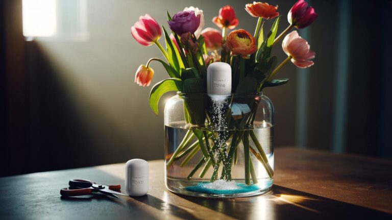 Illustration of a salt crystal charger releasing a controlled trickle into a water-filled vase to keep fresh cut flowers vibrant all week