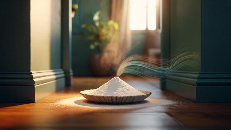 Illustration of baking soda in a shallow, wide dish placed in a room corner to neutralise odours quickly and maintain long-lasting freshness