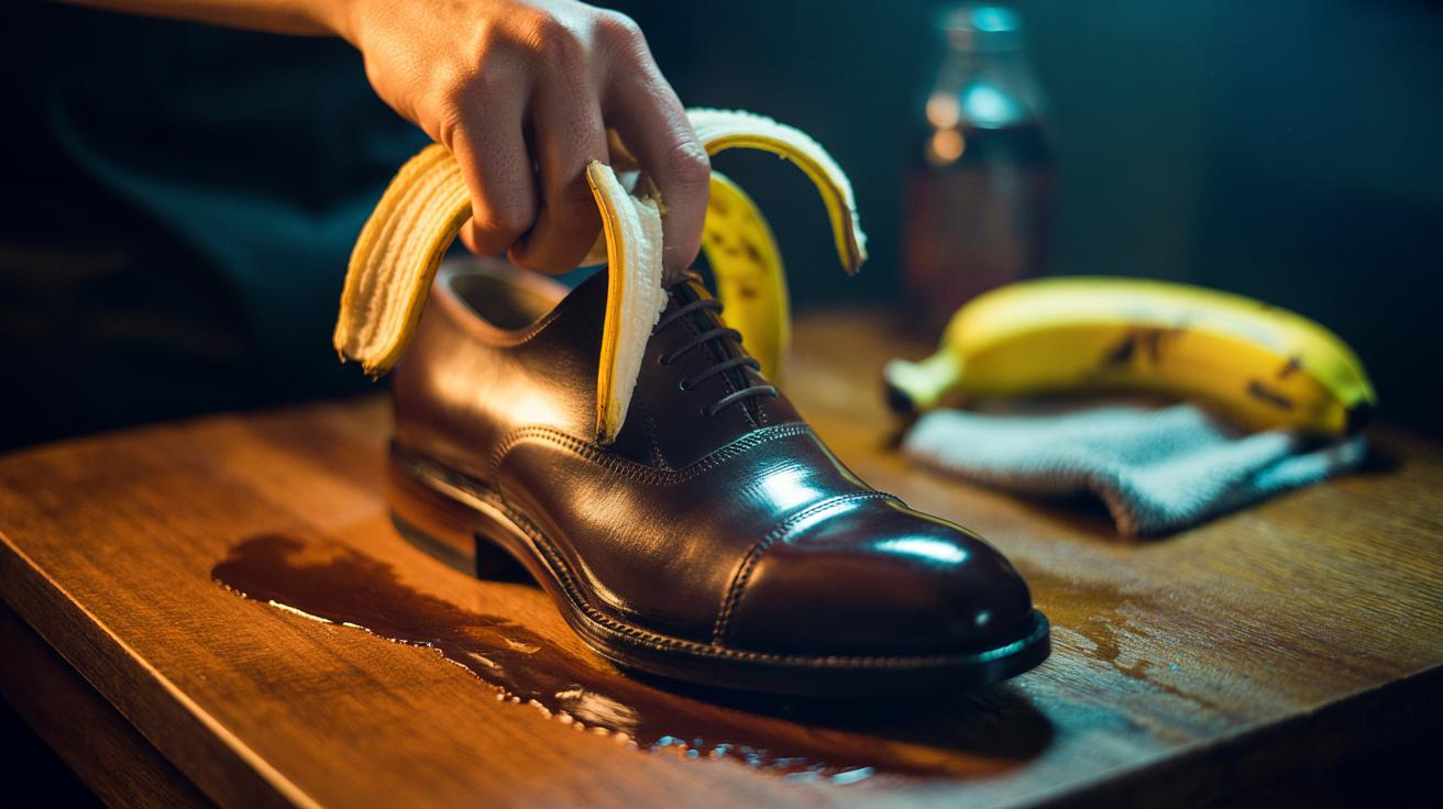 Illustration of a banana peel being used to shine a dull leather shoe, highlighting the instant sheen from natural oils