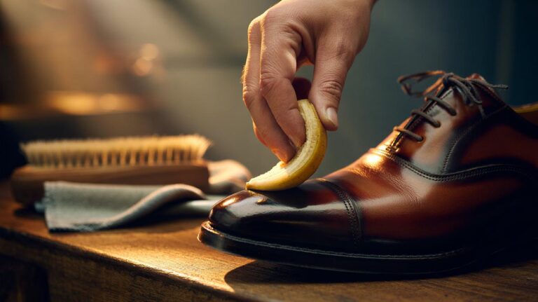 Illustration of using a banana peel to wipe, clean, and polish leather shoes for a quick shine