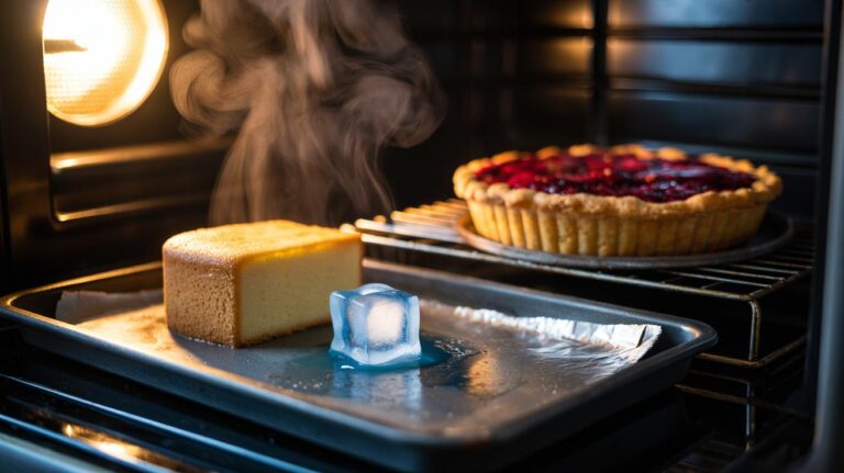 Illustration of the ice cube steaming technique used to rescue dried-out cakes and pies