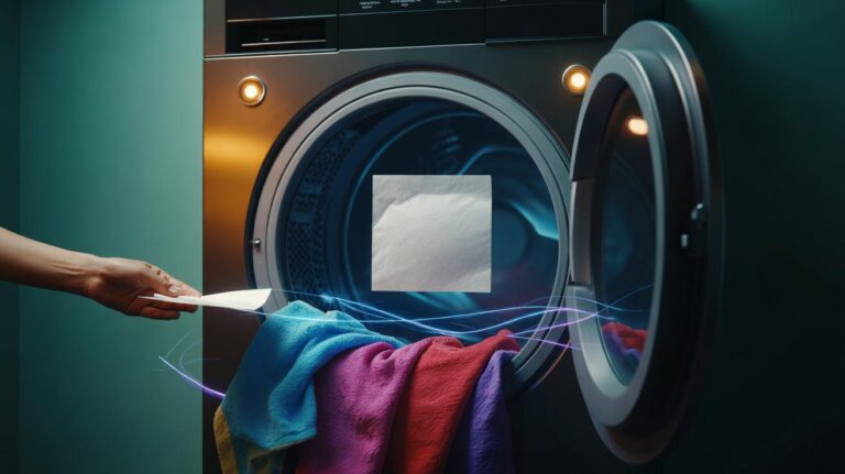 Illustration of dryer sheets in a tumble dryer reducing static cling by coating fabrics with anti-static agents.