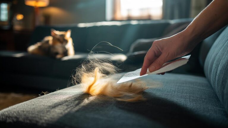 Illustration of a hand using a dryer sheet to remove pet hair from a fabric sofa