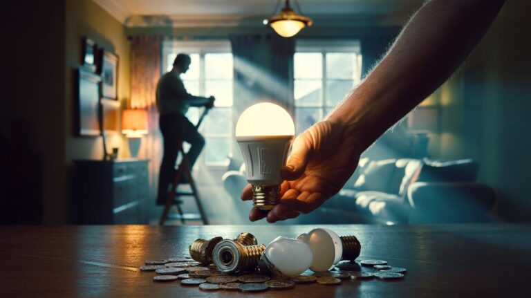 Illustration of a UK homeowner replacing incandescent and halogen light bulbs with LED lamps to save hundreds on annual energy bills.