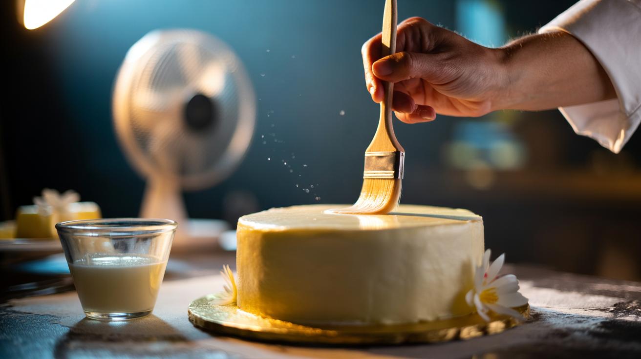 Illustration of a cake decorator using a soft brush to apply a thin layer of egg white to a fondant-covered wedding cake, creating a clean, non-sticky finish