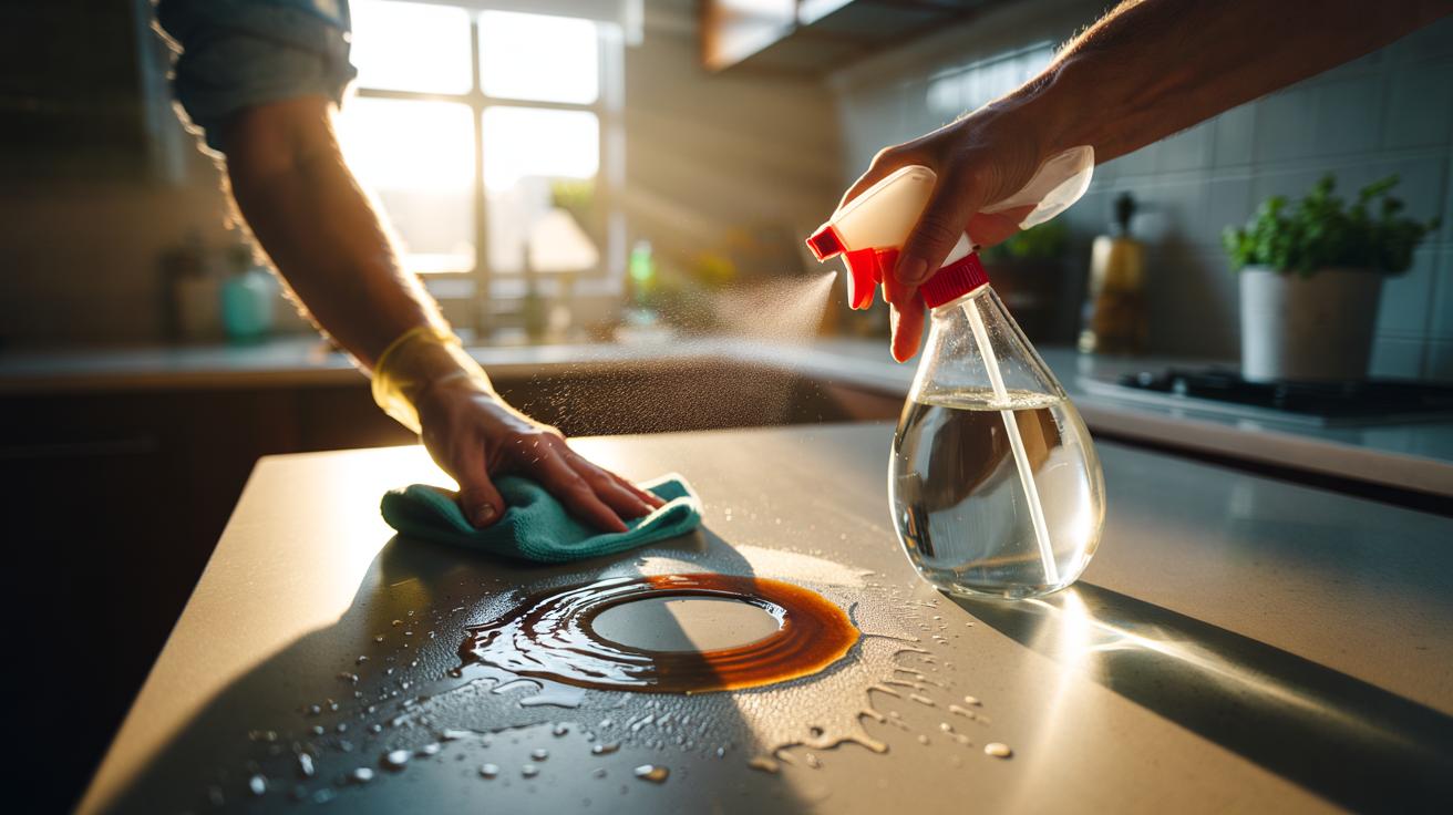 Illustration of a hand using white vinegar and a microfiber cloth to dissolve sticky residue on a kitchen countertop
