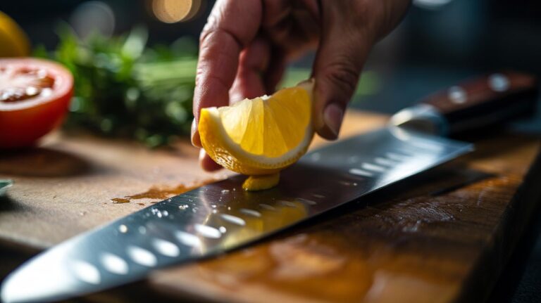 Illustration of a lemon wedge being rubbed along a chef’s knife edge to restore sharpness with citric acid