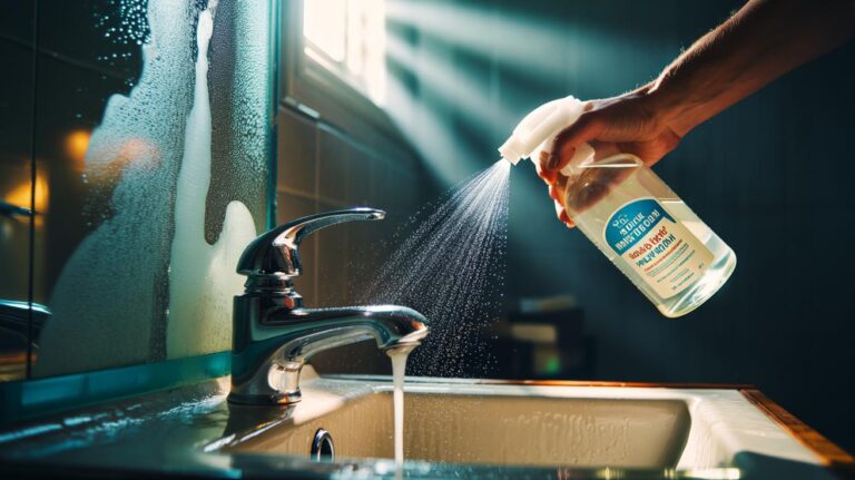 Illustration of white distilled vinegar (acetic acid) sprayed onto limescale and soap scum on a shower door and chrome tap, dissolving calcium deposits without scrubbing