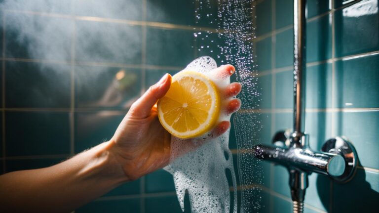 Illustration of a hand rubbing a cut lemon on a soap scum–coated shower glass panel to dissolve limescale and residue