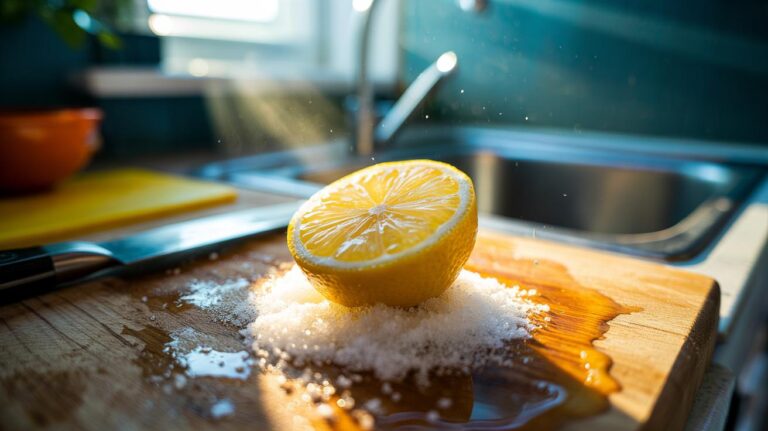 Illustration of a halved lemon scrubbing a wooden chopping board with coarse salt to lift grime and reduce bacteria.