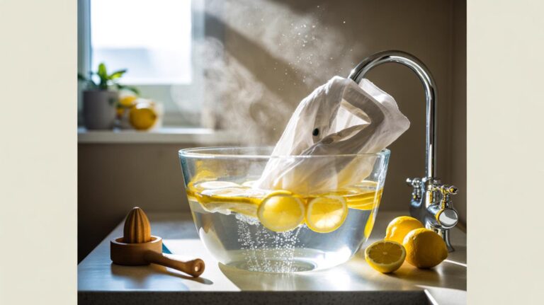 Illustration of white cotton garments soaking in a basin of lemon water to naturally lift stains and brighten whites