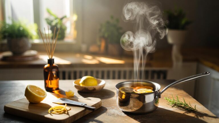 Illustration of lemon zest simmering in a small saucepan with steam and herbs, naturally scenting a room without synthetic chemicals