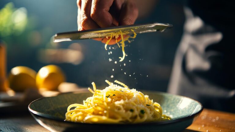 Illustration of lemon zest being sprinkled over a finished dish to instantly revive flavours