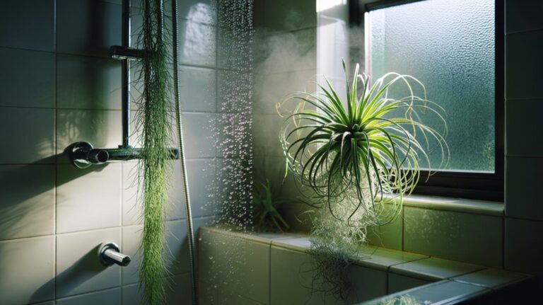 Illustration of Tillandsia air plants hung in a bathroom to passively absorb humidity and freshen air without a dehumidifier