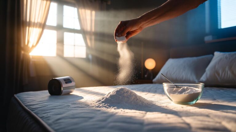 Illustration of baking soda being sprinkled over a bare mattress to neutralise odours