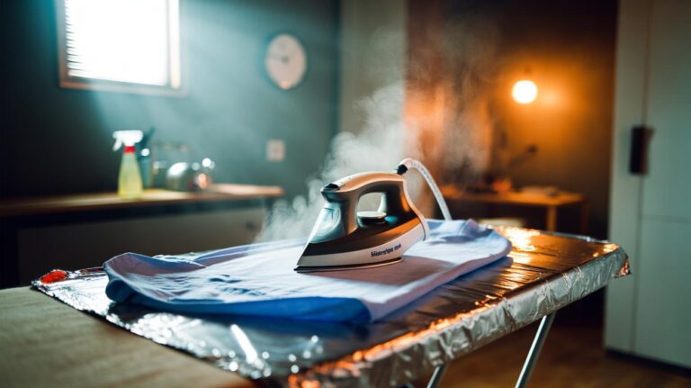 Illustration of a shirt being ironed with a basic steam iron on a foil-lined ironing board, showing the time-saving foil-and-steam hack