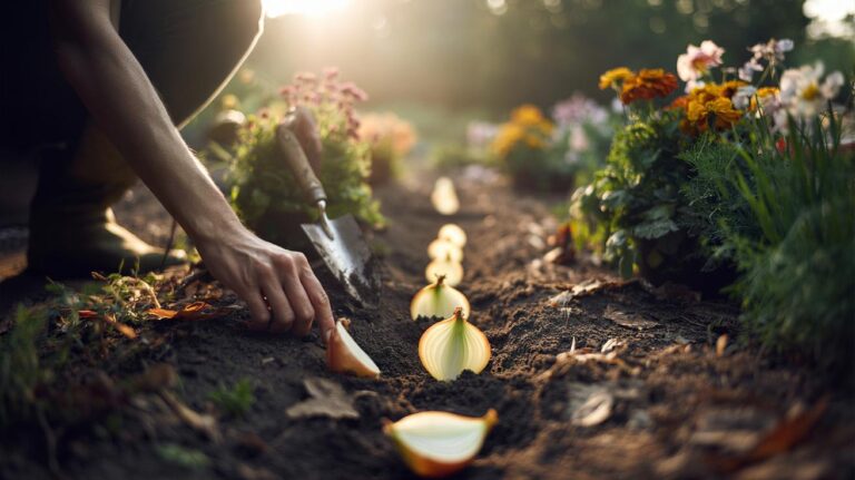 Illustration of onion slices being buried under mulch in a dull flower bed to enrich soil as they decompose