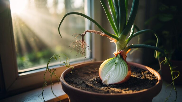Illustration of an onion slice placed on the potting soil of an overgrown houseplant to stimulate new growth through natural enzymes