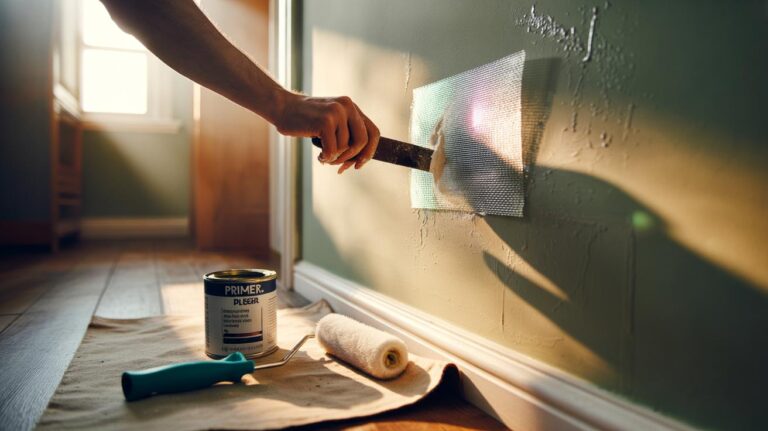 Illustration of a homeowner repairing a painted plaster wall with a self-adhesive mesh patch, lightweight filler, and a damp sponge