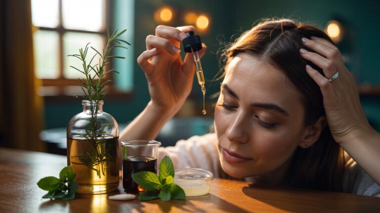 Illustration of an at-home rapid hair growth potion using carrier oil, rosemary, peppermint, and caffeine, paired with a simple scalp massage routine