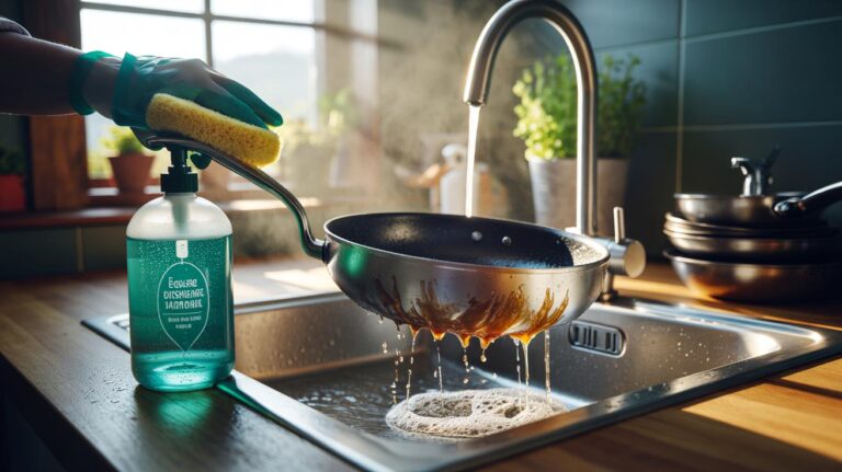 Illustration of enzyme-powered washing-up liquid lifting burnt-on food from a pan with minimal scrubbing at a kitchen sink