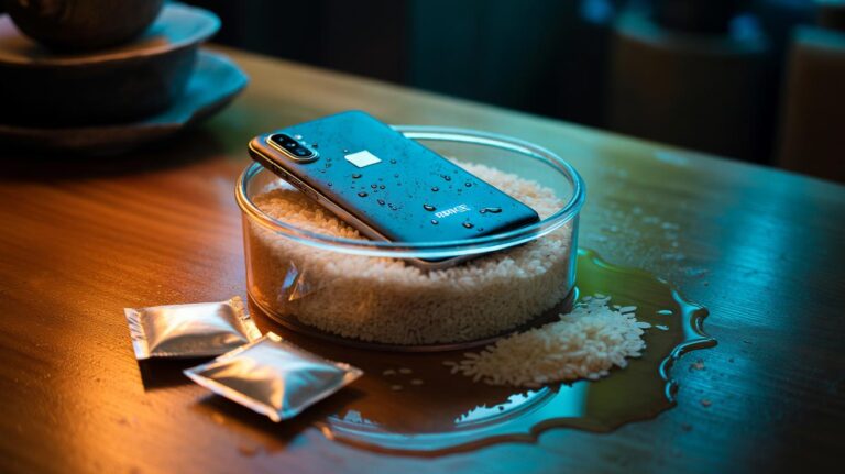 Illustration of a powered-off wet smartphone placed in dry rice to absorb moisture quickly after a spill
