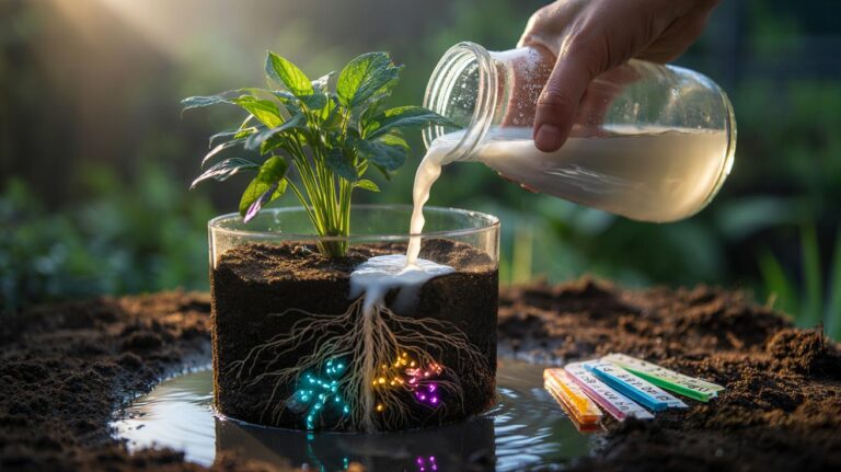 Illustration of rice water being poured onto soil around plant roots to nudge pH and unlock nutrients, shown with a pH meter and Fe, P, and Mn icons
