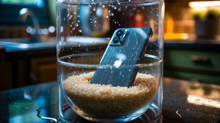 Illustration of a wet smartphone partially buried in a bowl of uncooked rice as an emergency drying method