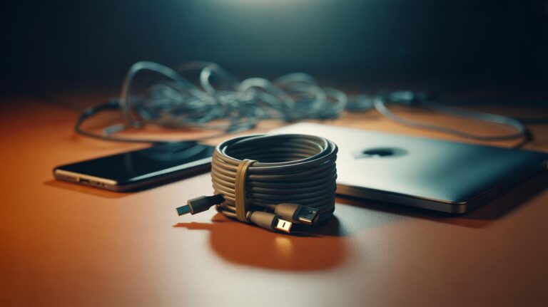 Illustration of neatly coiled charging and data cables secured with a rubber band for tangle-free storage
