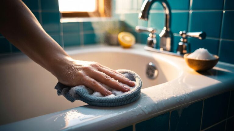 Illustration of a hand scrubbing a bathtub with salt to remove soap scum and limescale