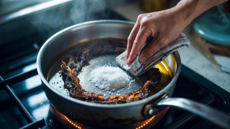 Illustration of coarse salt being used to abrade burnt-on residue from a saucepan