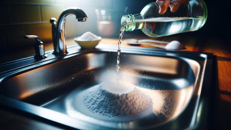 Illustration of bicarbonate of soda and white vinegar fizzing in a sink drain to neutralise odours