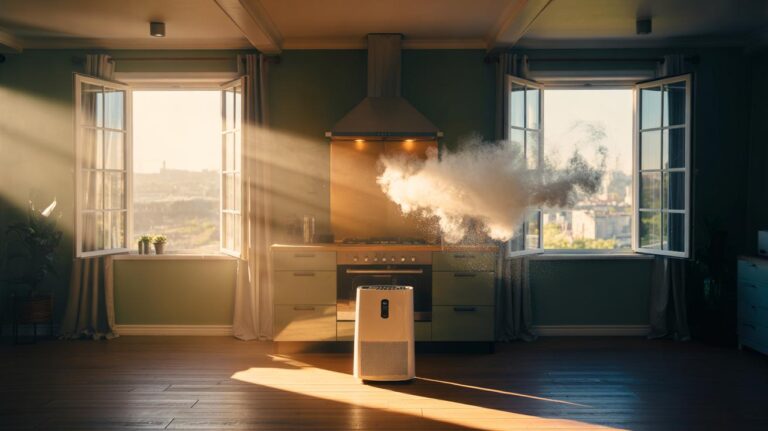 Illustration of open windows creating a cross-breeze to ventilate a home and reduce indoor pollutants