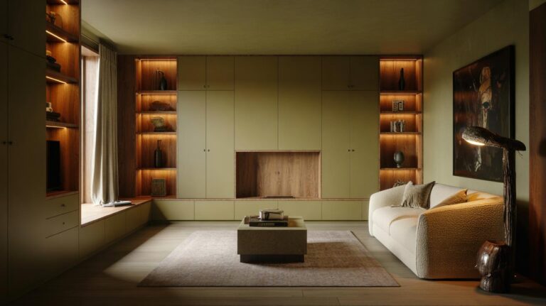 Illustration of a tiny living room with floor-to-ceiling built-ins, flush handleless cabinets, and concealed LED lighting creating a luxurious, spacious feel