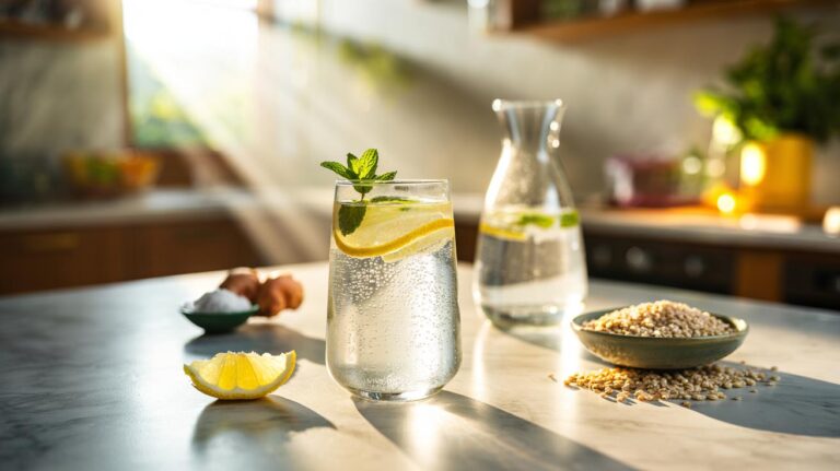 Illustration of a chilled glass of barley water with lemon and mint, the nutritionist-approved summer drink that aids digestion