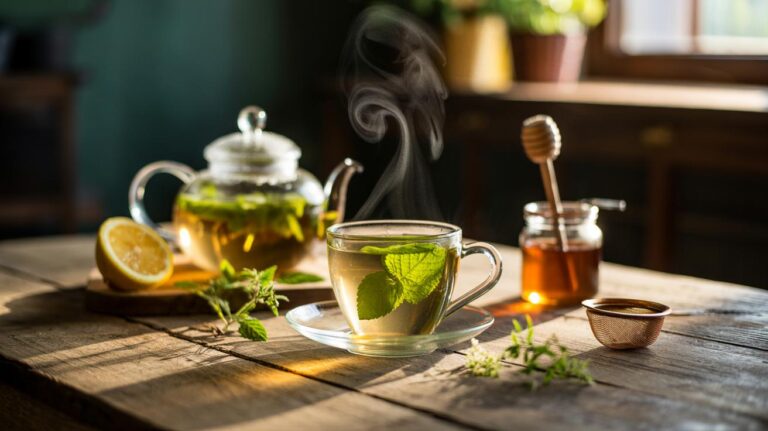 Illustration of a steaming cup of lemon balm infusion beside a teapot, with fresh lemon balm leaves, a lemon slice, and honey on a wooden table.