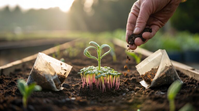 Illustration of opened tea bags with spent leaves being mixed into a planting bed around sprouting seedlings to speed germination via tannins
