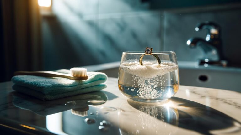 Illustration of denture tablets fizzing in warm water to clean gold and diamond jewellery, with a soft brush and microfibre cloth nearby