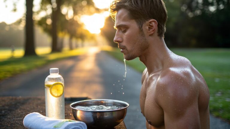 Illustration of a top athlete's morning routine combining cold exposure, outdoor daylight, a nasal-breathing walk, and electrolyte hydration for caffeine-free energy