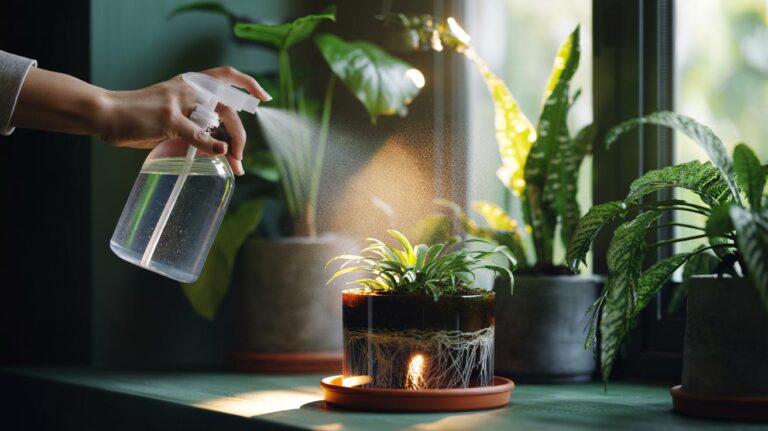 Illustration of a spray bottle applying a diluted vinegar mist to indoor houseplants to balance pH and invigorate roots