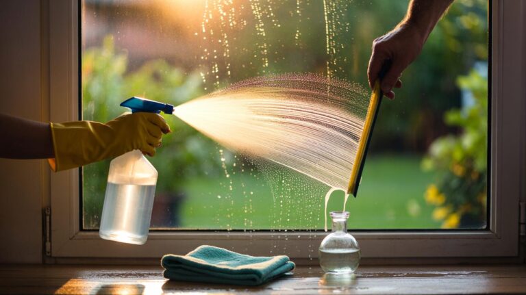 Illustration of a spray bottle of vinegar window cleaner applied to glass, with a microfiber cloth and squeegee used to remove grime