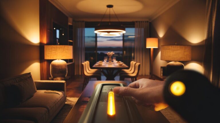 Illustration of a warm-dim LED lighting scheme on a dimmer, with layered lamps and a softly glowing pendant creating an intimate ambience in a modern living room