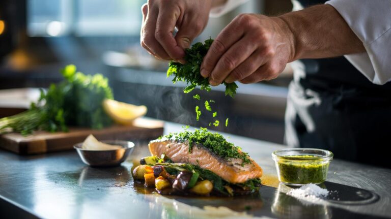Illustration of a chef finely chopping fresh flat-leaf parsley and scattering it over a finished dish to boost flavour without adding calories