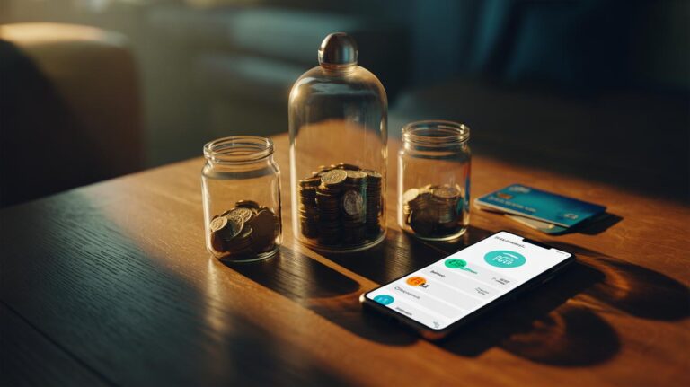 Illustration of a three-tier emergency fund setup with labeled savings pots, automated payday transfers, and an accessible cash buffer.