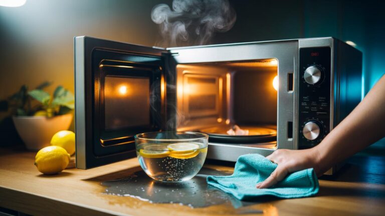 Illustration of an open microwave with a steaming bowl of lemon water while a hand wipes the interior clean