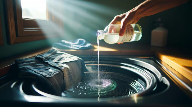 Illustration of white vinegar (acetic acid) being used in laundry to revive faded clothes by dissolving residue