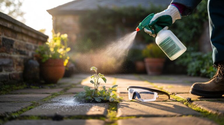 Illustration of a gardener using a vinegar spray bottle on weeds growing between patio pavers