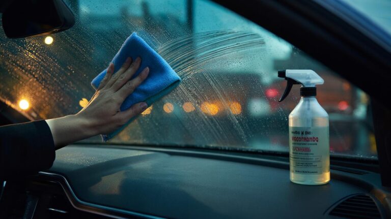 Illustration of a hand using a vinegar-damp microfibre cloth to wipe a cloudy car windscreen, revealing a clear, streak-free view