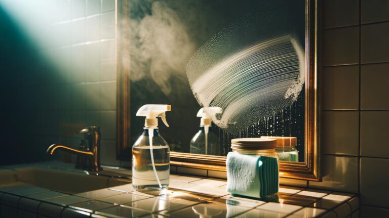 Illustration of a hand using a vinegar wipe to clean a bathroom mirror, cutting through grime without streaks using acetic acid